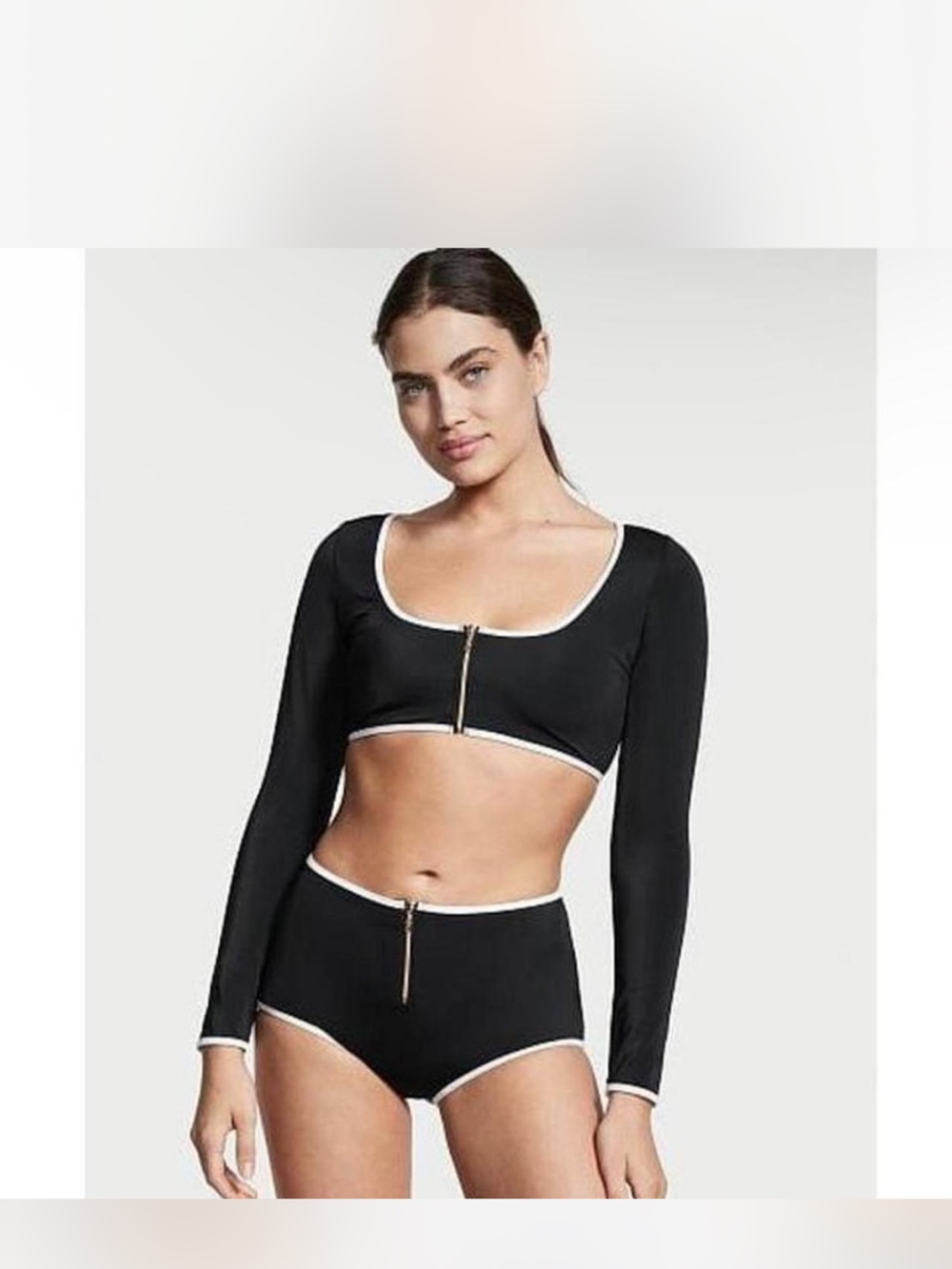 Victoria's Secret Black Long-Sleeve Bikini Set with White Trim